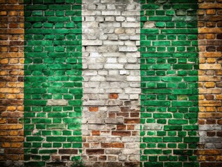 Weathered brick backdrop showcases Nigeria's flag; an aerial perspective on the nation's banner.