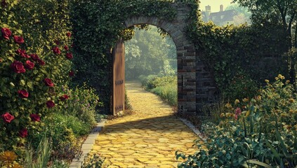 Wall Mural - Sunlit garden path leads through arched stone gate, flanked by lush greenery and roses.