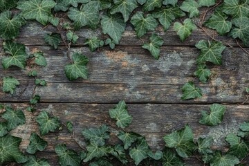 Wall Mural - Lush green ivy leaves frame rustic weathered grey wood background.