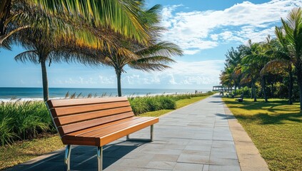 Sticker - Tranquil beach boardwalk with wooden bench, palm trees, and ocean view on sunny day.