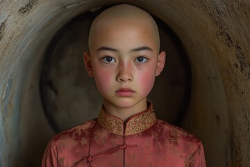 Portrait of a young child wearing traditional attire, posing inside a vintage stone structure with a serene expression