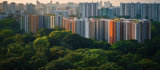 Wall Mural - Lush green forest canopy contrasting with a dense cityscape of high rise buildings at sunset.