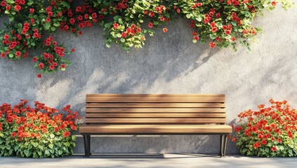 Wall Mural - Wooden park bench sits against a wall covered in red climbing roses, sunlight casts shadows.