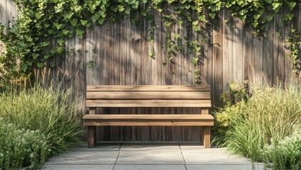 Wall Mural - Wooden bench against rustic wooden wall covered in climbing plants.