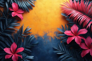 Wall Mural - Bright tropical leaves and flowers graphic for vibrant promotional materials