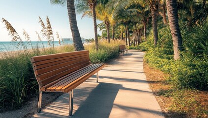 Wall Mural - Tranquil beach walkway with wooden bench under palm trees at sunrise.