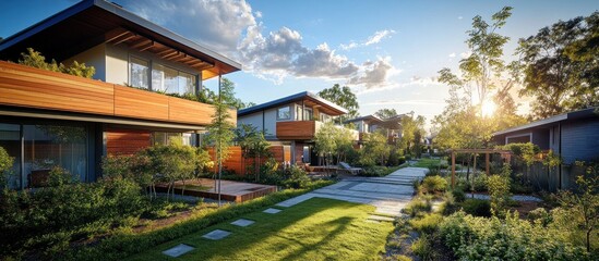 Wall Mural - Modern houses on a landscaped street at sunset.