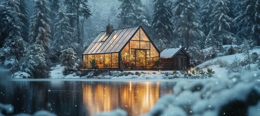 Poster - Illuminated glass house nestled in a snowy forest by a tranquil lake.