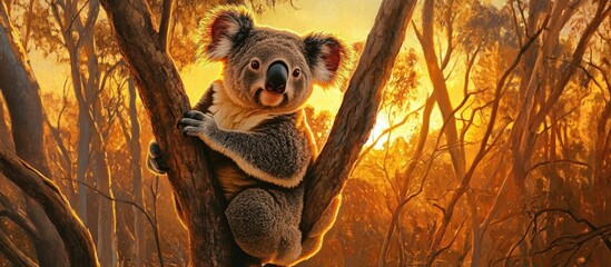 Poster - Koala bear perched on a eucalyptus tree at sunset in an Australian forest.