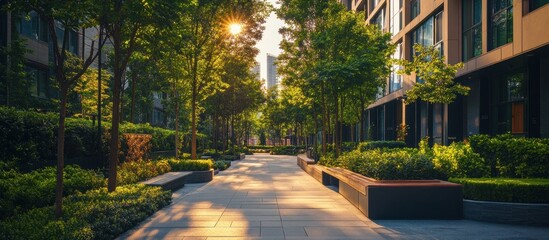 Wall Mural - Sunlit pathway through a lush, green residential area with modern buildings.