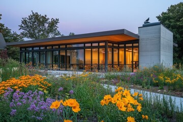 Wall Mural - Modern glass and concrete building with vibrant flower garden at dusk.