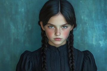 Young girl with braids wearing dark attire poses against a textured blue background in a calm, serious demeanor