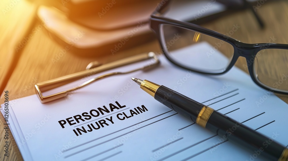 Personal injury claim document with pen and glasses, symbolizing legal ...