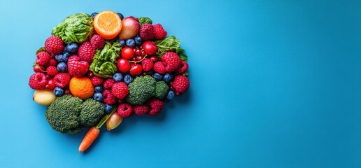 Wall Mural - Brain-shaped arrangement of colorful fruits and vegetables on a blue background.