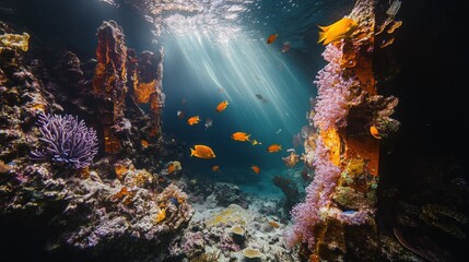 Wall Mural - Underwater coral reef scene with vibrant fish and sunlight beams.