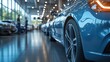 © hugy - A sleek lineup of shiny cars in a modern showroom, with salespeople interacting in the background.