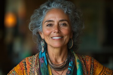 Smiling mature woman wearing colorful attire and accessories in warm indoor setting with natural light