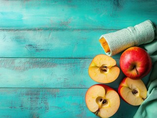 Wall Mural - Healthy lifestyle concept apples, towel, and wooden surface.