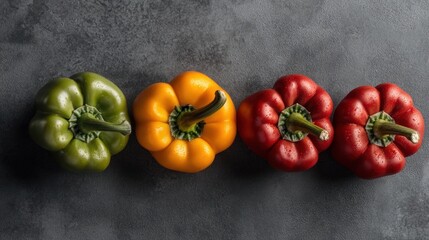 Wall Mural - Four vibrant bell peppers arranged in a row on a dark background, showcasing their diverse colors and textures.