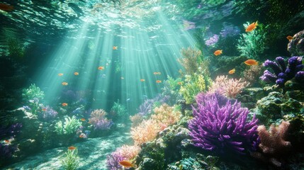 Wall Mural - Vibrant underwater scene with sunbeams illuminating colorful coral reef and fish.