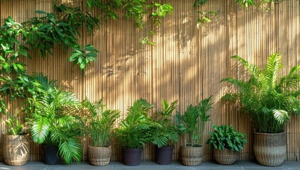 Wall Mural - Lush green tropical plants in pots against a sunlit bamboo wall.