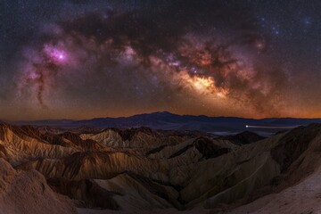 Wall Mural - majestic milky way galaxy arching over a desert landscape at night, showcasing vibrant stars, nebula