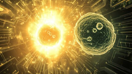 Wall Mural - abstract digital art depicting two glowing spheres connected by energy streams, representing connect