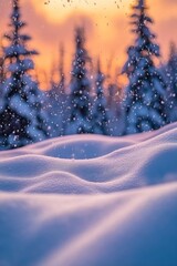 Wall Mural - snow-covered landscape at sunset with falling snow and evergreen trees in the background.
