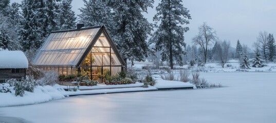 Wall Mural - illuminated greenhouse in snowy winter landscape, near frozen lake.
