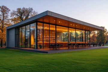 Wall Mural - Modern glass pavilion bar with outdoor seating at dusk.