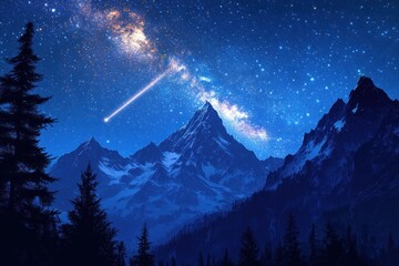 Wall Mural - majestic snowy mountains under a breathtaking night sky, adorned with the milky way and a shooting s