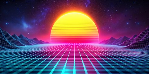 Wall Mural - Retro Synthwave Landscape: Pixel Sun & 80s Wireframe Grid Bokeh