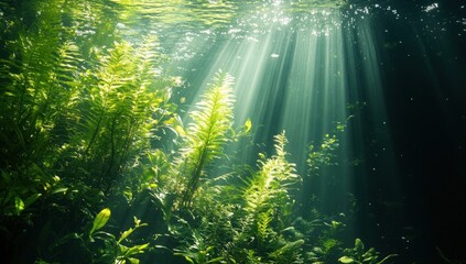 Wall Mural - Underwater sunbeams illuminate lush aquatic plants in a crystal-clear freshwater spring.