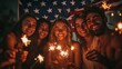 © Ceyhun - A group of friends lighting sparklers on a warm Independence Day evening, the American flag draped behind them
