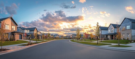 Poster - Suburban street at sunset with houses and landscaping.