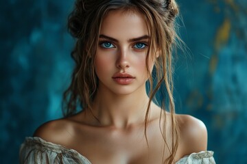 Leinwandbilder - Captivating portrait of a young woman with striking blue eyes and natural beauty in a soft, artistic setting