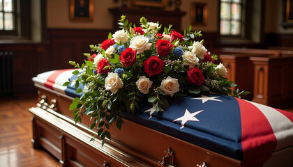 Wall Mural - Coffin adorned with flowers and American flag in indoor setting