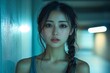 © ChaoticMind - Young woman with braided hair stands in a dimly lit corridor with a calm expression on her face