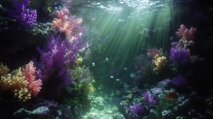 Wall Mural - Underwater scene with vibrant coral reef, sunbeams, and fish.