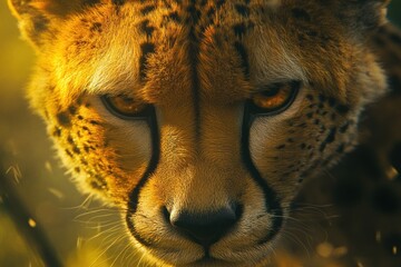 Poster - Close-up of a cheetah's intense gaze in golden sunlight.