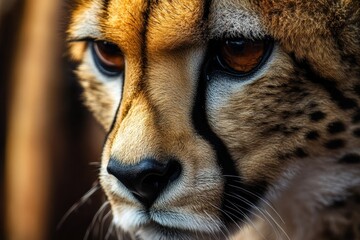 Poster - Close-up portrait of a cheetah's face, showcasing its fur pattern, intense gaze, and facial features.