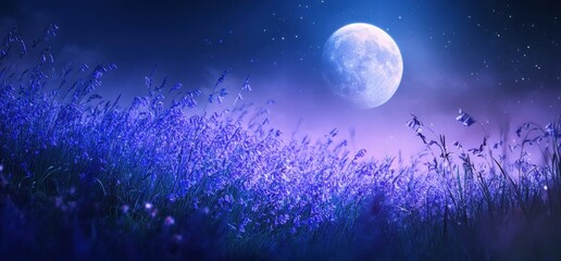 Wall Mural - Serene night scene Full moon illuminates a field of purple flowers under a starry sky.