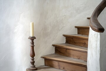 Poster - Rustic wooden spiral staircase with candle holder against textured wall.