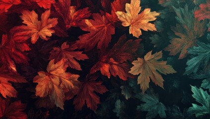 Wall Mural - Close-up of vibrant autumn leaves in red, orange, and green hues.