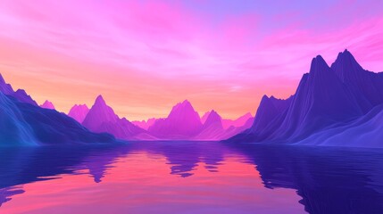 Wall Mural - Serene sunset over tranquil lake surrounded by majestic mountains in vibrant color