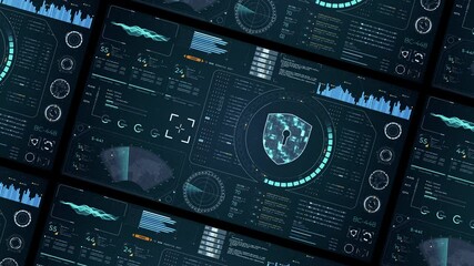 Wall Mural - motion graphic of blue digital security shield with head up display (hud ui) and circuit panel futur