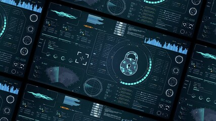 Wall Mural - motion graphic of blue digital security key with head up display (hud ui) and circuit panel futurist