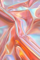 Poster - Abstract iridescent fabric texture with peach and pink hues, soft folds and shimmering light reflections.