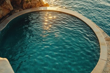 Sticker - Sunlit circular pool overlooking ocean, cliffside setting.