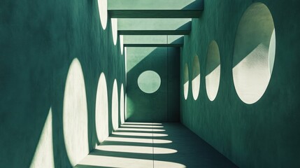 Wall Mural - Sunlit teal corridor with circular openings casting shadows on walls and floor.